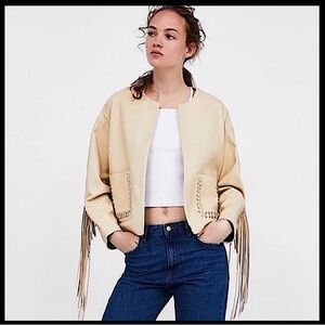 𝐙𝐀𝐑𝐀 Cream Boxy Leather Fringe Jacket XS